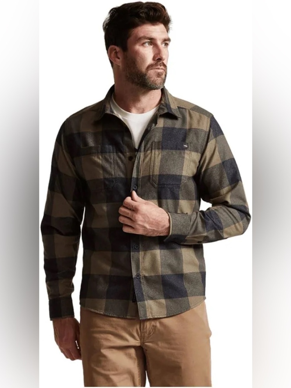 Sitka Gear Grange Button-Up Flannel Shirt Pyrite Plaid Olive Green Check Medium